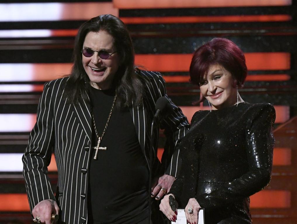 Ozzy and Sharon Osbourne on stage at the Grammy Awards.