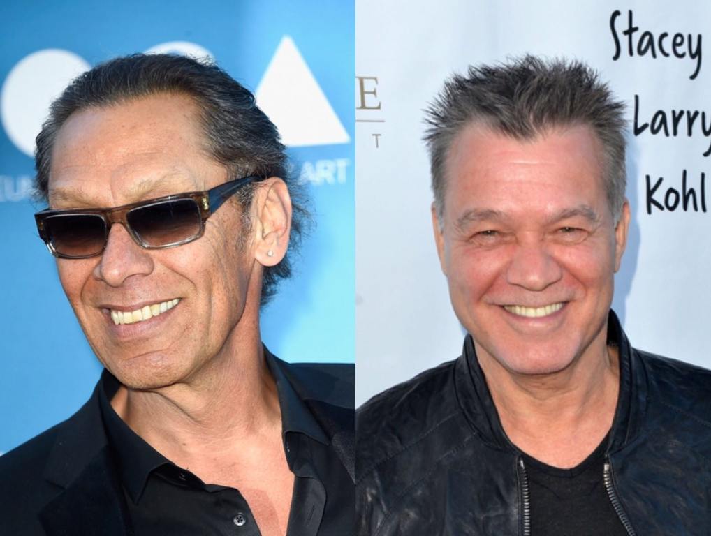 Alex Van Halen posing for a photo; Eddie Van Halen posing for a photo.