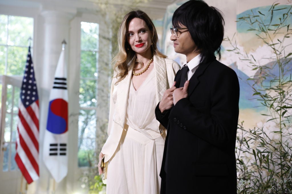 Actress Angelina Jolie and her son Maddox arrive for the White House state dinner for South Korean President Yoon Suk-yeol on April 26, 2023 in Washington, DC.