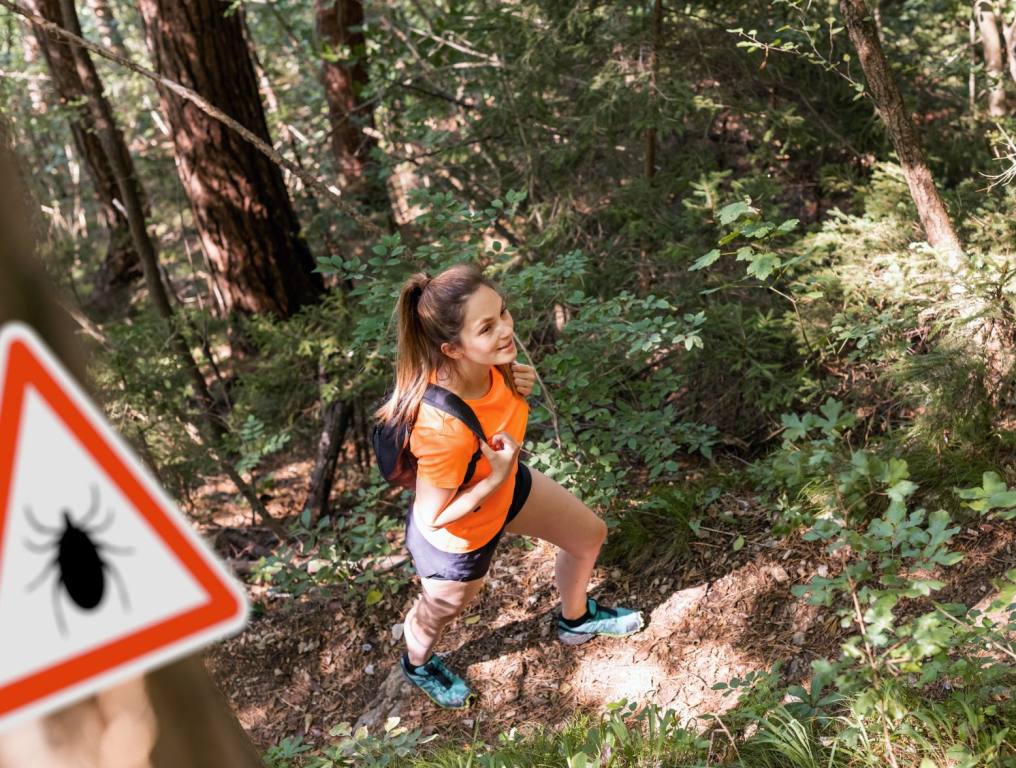 A woman hiking.