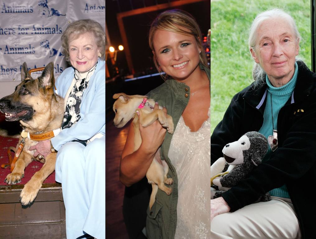 Betty White in a light blue outfit with a dog, Miranda Lambert wearing blue and tan holding a dog, and Jane Goodall in a black jacket holding a money stuffed animal.