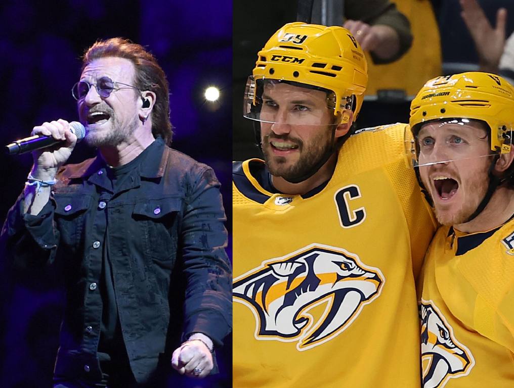 Bono of the rock band U2 performs at Bridgestone Arena on May 26, 2018 in Nashville, Tennessee; Roman Josi #59 and Gustav Nyquist #14 of the Nashville Predators celebrate a goal against the Ottawa Senators at Bridgestone Arena on February 27, 2024 in Nashville, Tennessee.