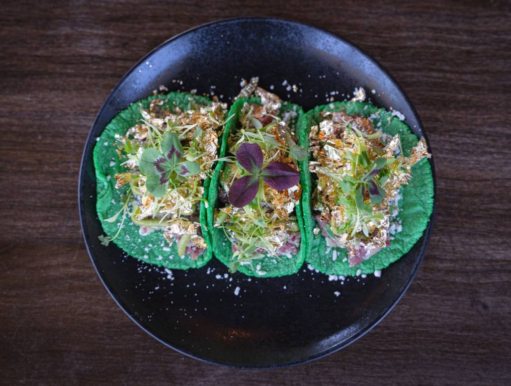 A birds eye view of the Corn Beef Tacos at La Neta Cocina y Lounge in Las Vegas. One of many dishes available from La Neta during their St. Patrick's Day brunch.