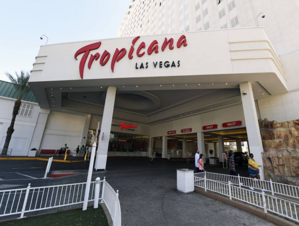 Tropicana Las Vegas Entrance to hotel, with the hotel logo in red.