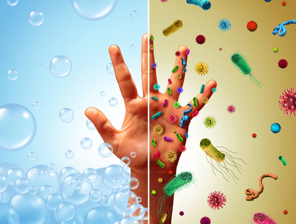 Hand Hygiene Reducing The Spread Of Infections and Reducing Infections and Infectious diseases spread with washing hands contaminated with germs virus and bacteria with soap to prevent transmission with 3D illustration elements.