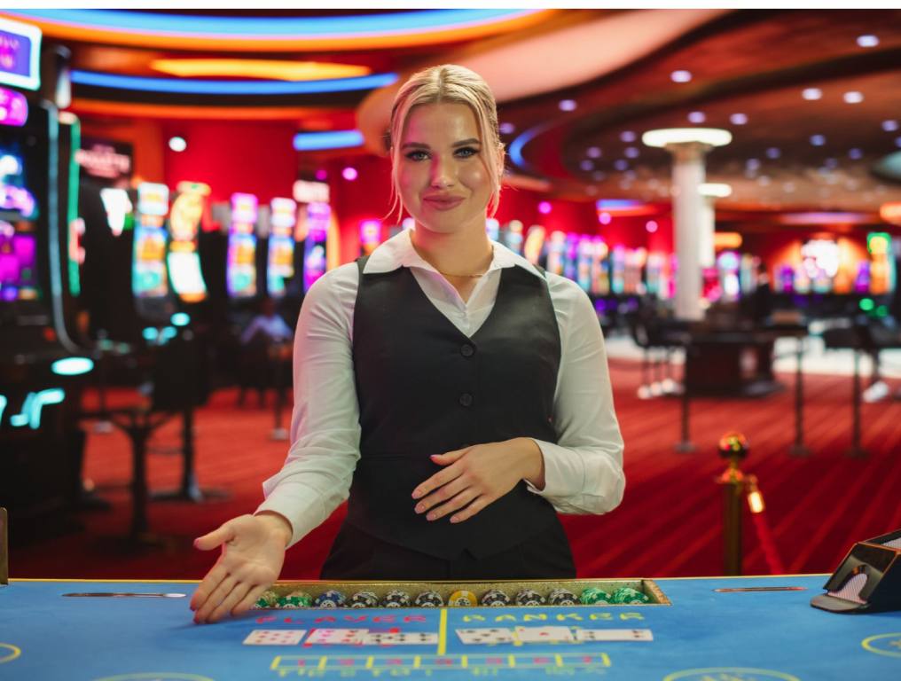 Professional Female Croupier in Casino Dealing Playing Cards on a Baccarat Table. Beautiful Dealer of a Live Online Casino Reveals Winning Results of the Card Game Bets, Looking at Camera with one arm set on the table. Win Free Money concept.