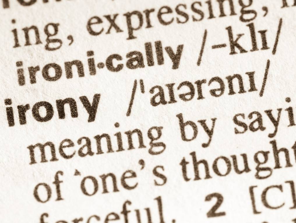 A close up shot of a dictionary page that shows the definition of the word "irony". Foreign words in the English Language.