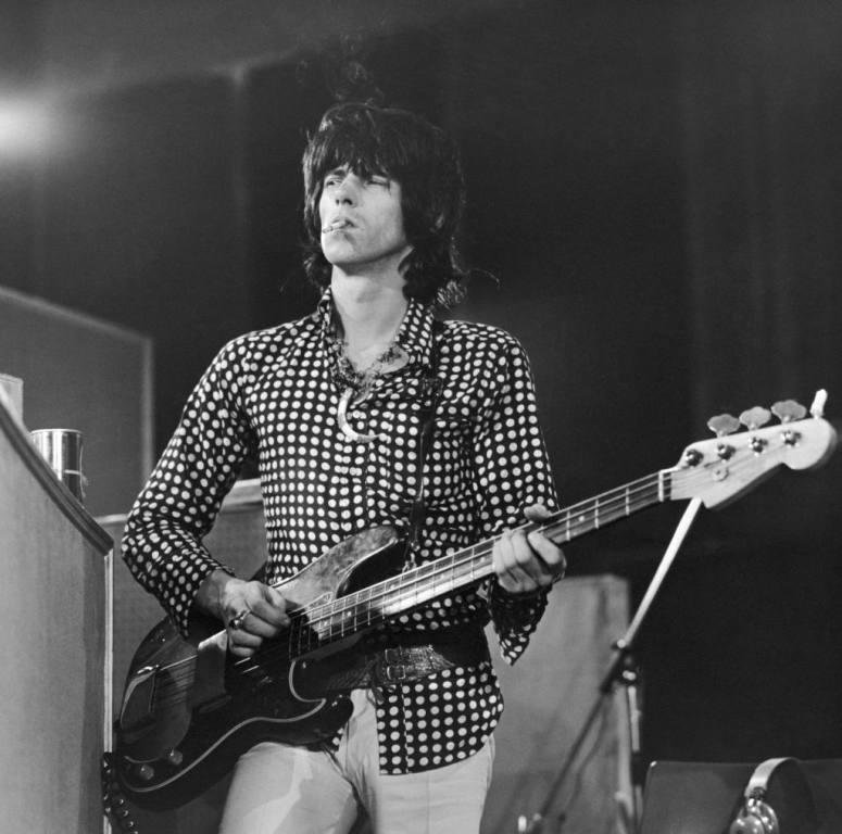 Rolling Stones guitarist Keith Richards playing a bass guitar at the Olympic Sound Studios during the filming of Jean Luc Godard's semi-documentary movie recording 'Sympathy for the Devil', aka 'One Plus One', June 1968.