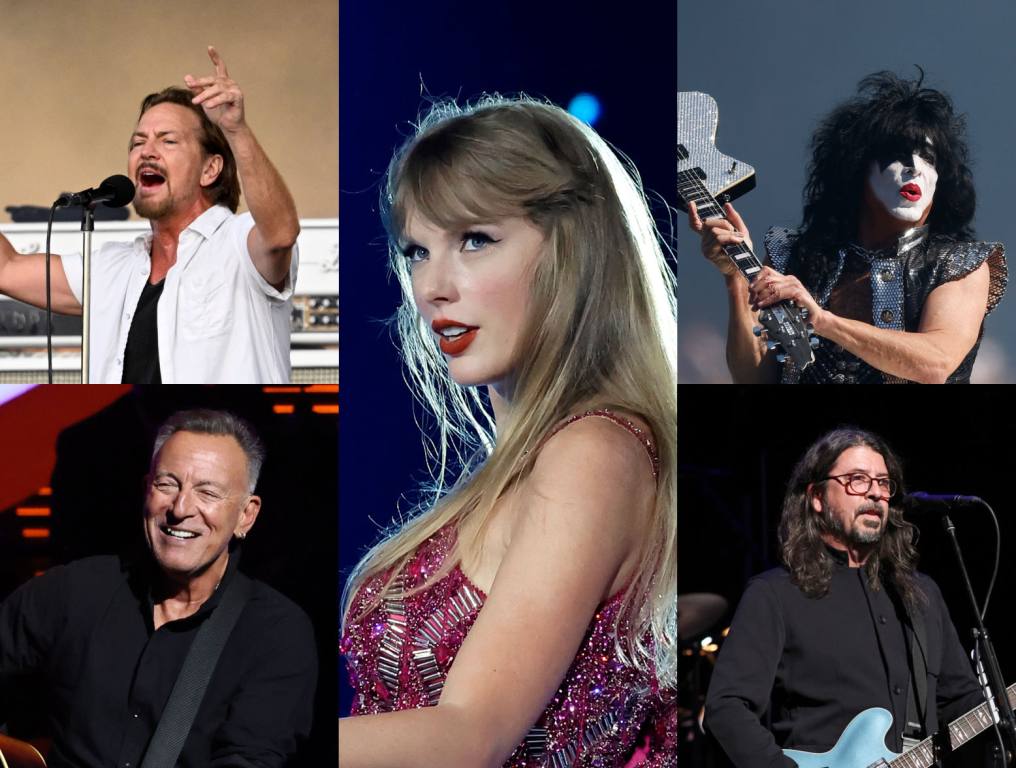 Collage of photos featuring Taylor Swift, Eddie Vedder, Bruce Springsteen, Paul Stanley and Dave Grohl.