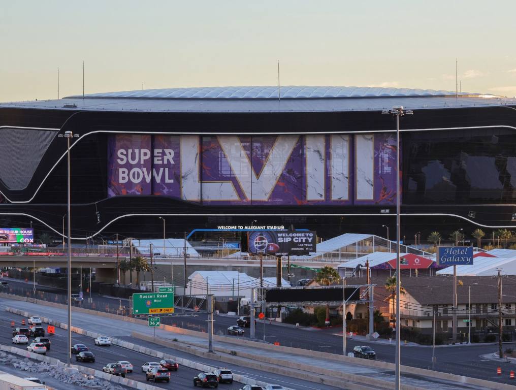 Law enforcement and officials found 16 missing children during Super Bowl weekend in Las Vegas. This photo is of Allegiant Stadium with the Super Bowl banner displayed.