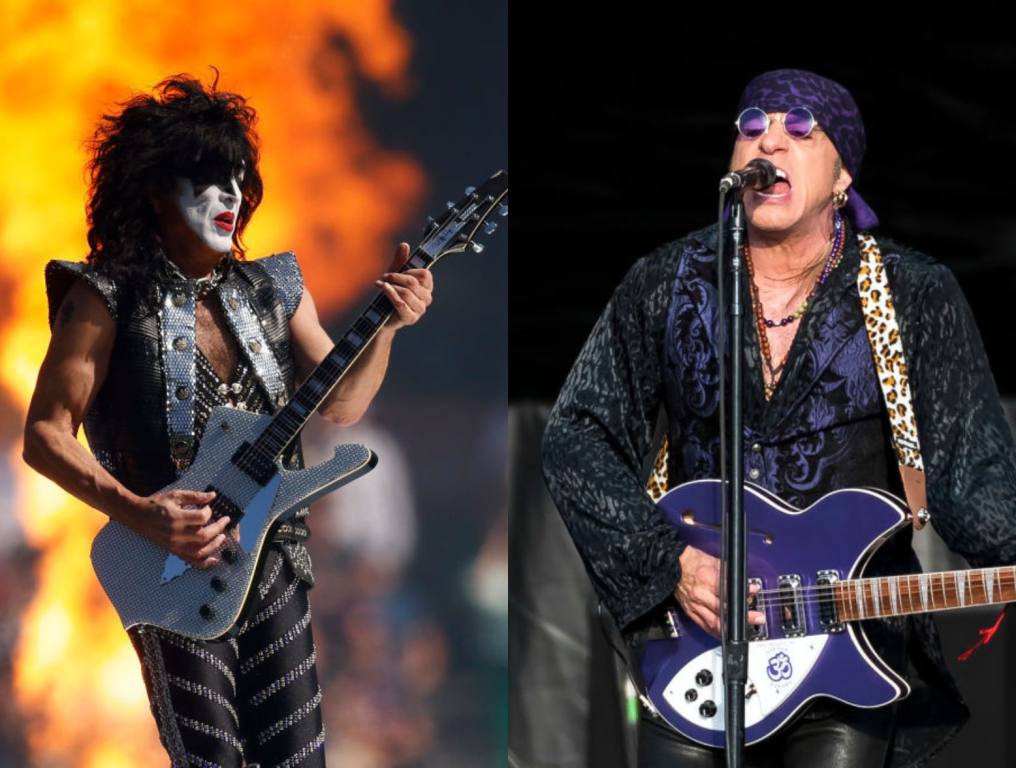 (Left) Paul Stanley playing guitar on stage in front of fire (Right) Steven Van Zandt playing a purple guitar on stage