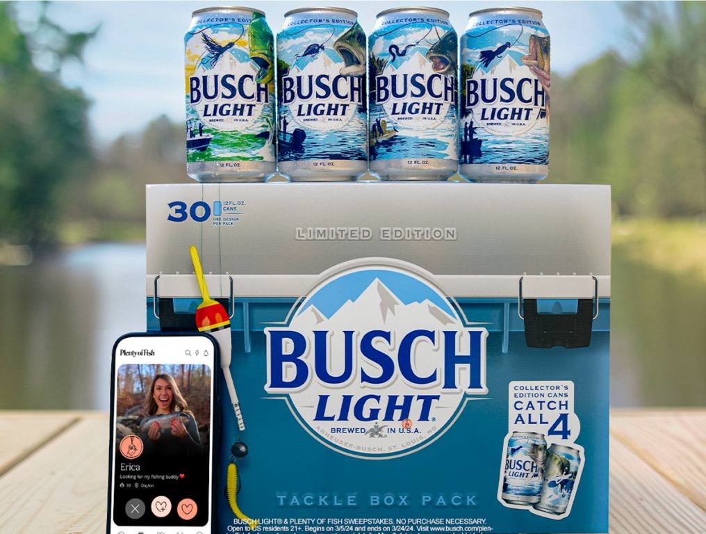 Busch Light, Plenty of Fish Reel Love, photo of beer cans on cooler with phone leaning against cooler.