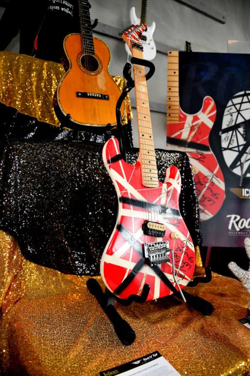 A Eddie Van Halen guitar on display as part of Julian Auctions Presents Icons And Idols: Rock 'N' Roll, Hollywood and Sports at Julien's Auctions on November 23, 2020 in Beverly Hills, California.