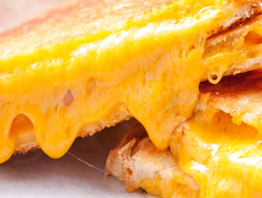 Cheese melting out of a grilled cheese sandwich to celebrate National Grilled Cheese Day.