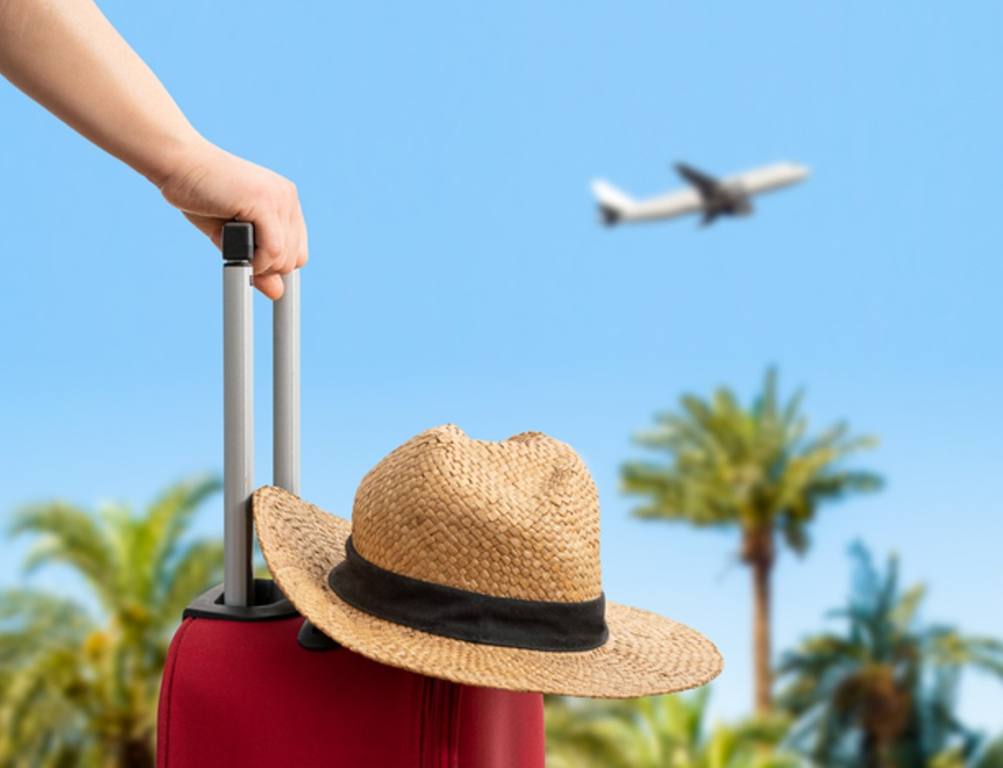 Woman with red suitcase standing on passengers ladder of airplane opposite sea with palm trees. Tourism, vacation concept