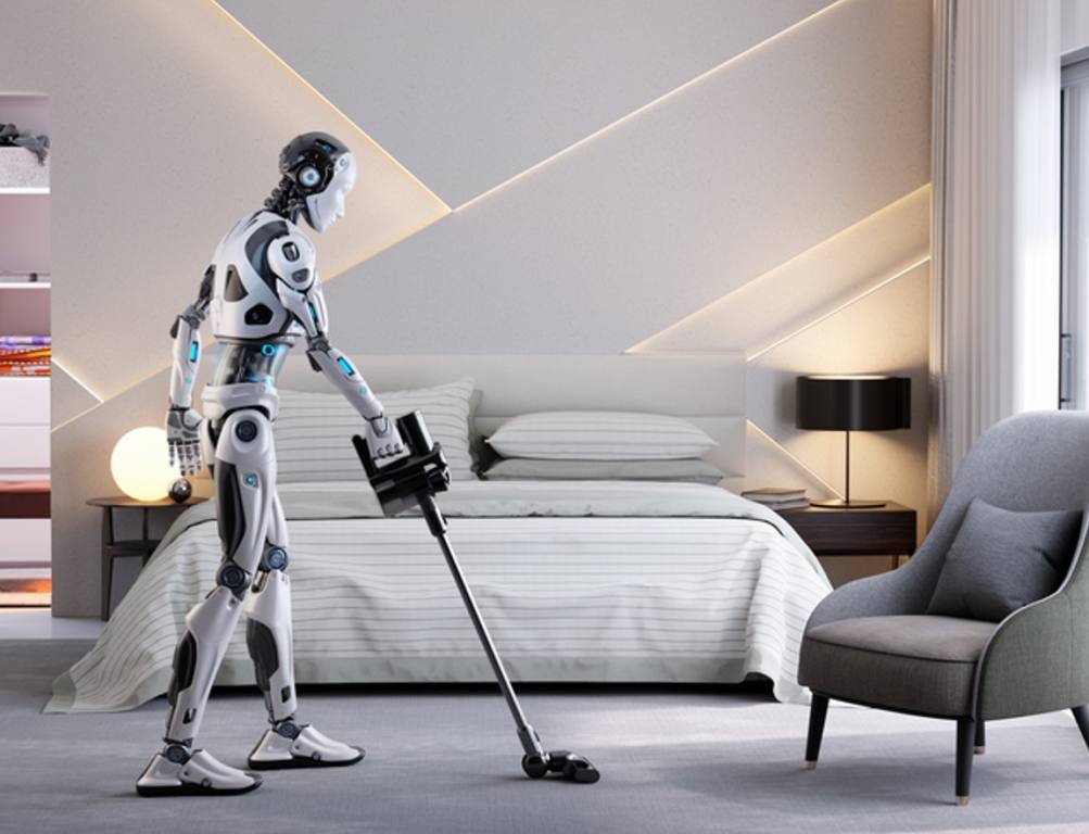 Robot assistant doing vacuuming a room. Home helper. Smart assistant. 3D illustration, mobile robots concept (apple)