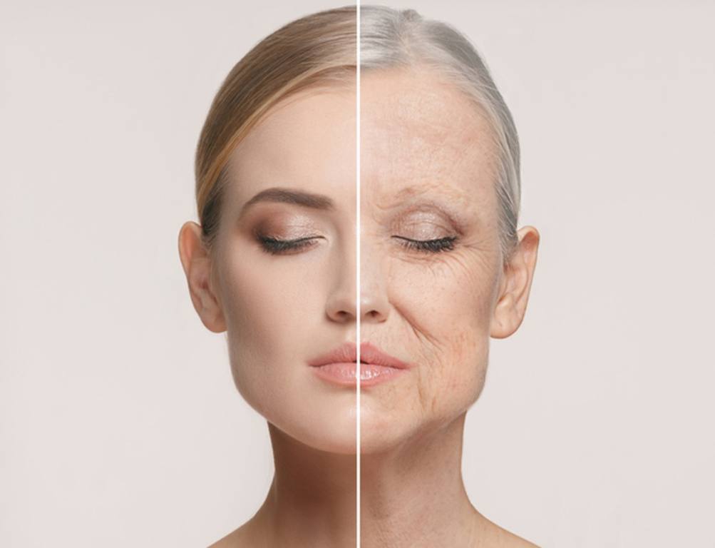 Comparison. Portrait of beautiful woman with problem and clean skin, aging and youth concept, beauty treatment and lifting. Before and after concept. Youth, old age. Process of aging and rejuvenation, aging faster