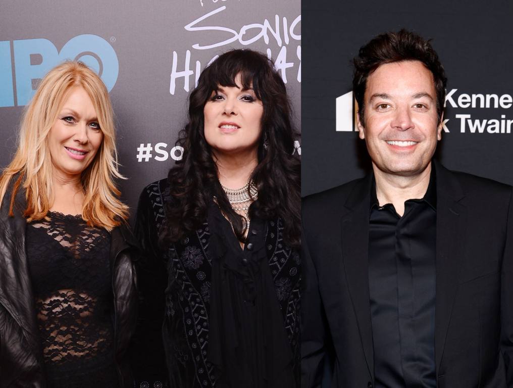 Heart co-founders Nancy and Ann Wilson posing for a photo; Jimmy Fallon posing for a photo.