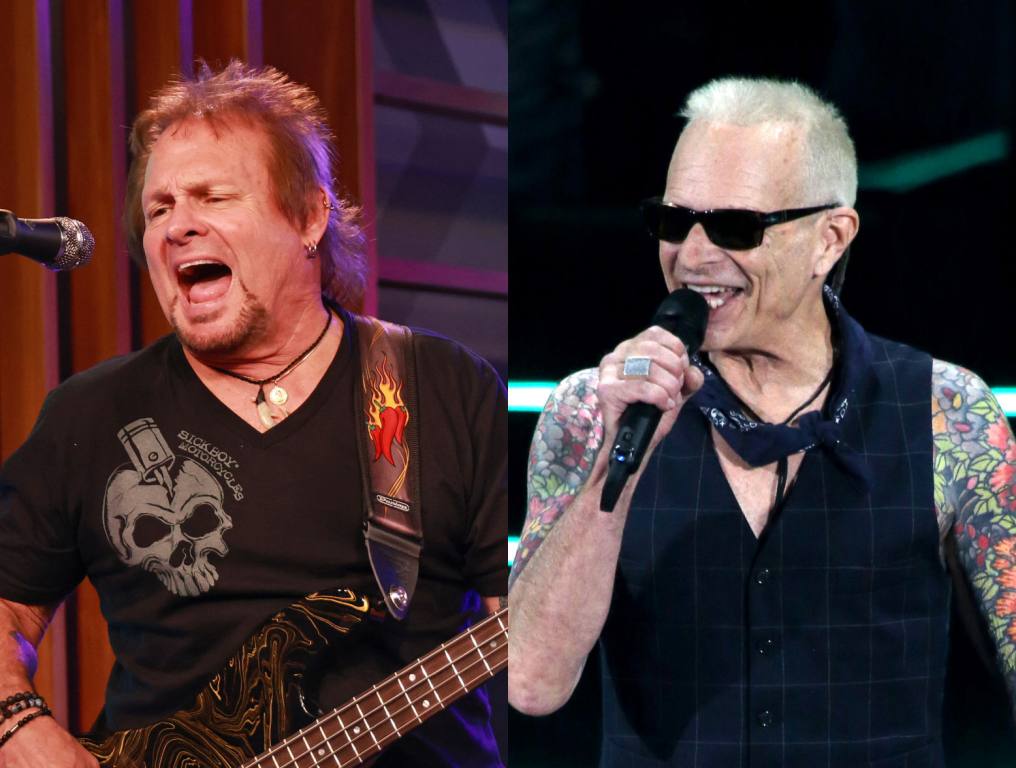 Michael Anthony performing on stage; David Lee Roth speaking at the MTV VMAs.