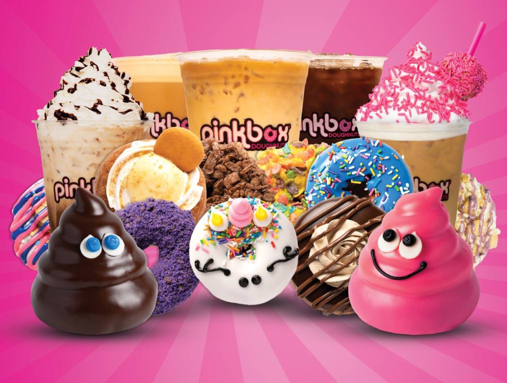 Promotional flyer for Pinkbox Doughnuts shows array of unique doughnuts lined up in front of a row of iced coffee drinks. The background is striped with two shades of pink.