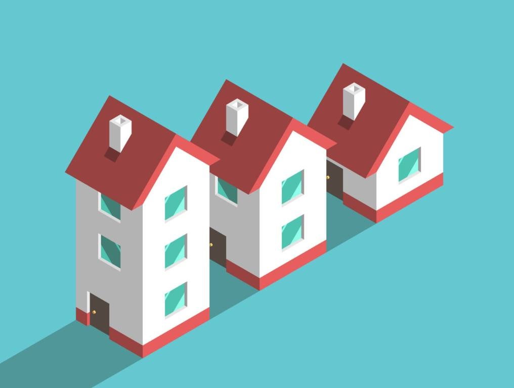 Illustration depicting downsizing your home. From left to right, a three-story house, then a two-story house, finally a one-story house on a turquoise background. The houses are white with maroon roofs. The windows are also turquoise in color. There is a white chimney on the left side of each roof.