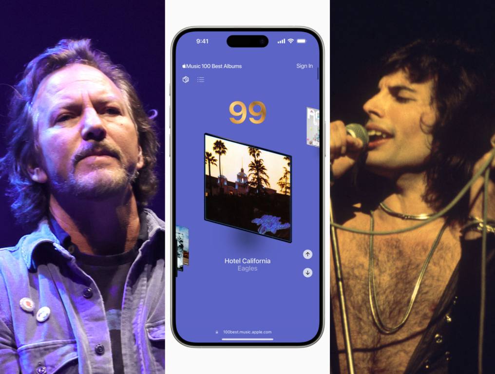 Eddie Vedder performing on stage; Photo of the Apple Music 100 Best Albums list on an iPhone; Freddie Mercury performing on stage.