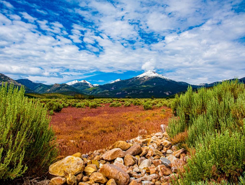 View of Great Basin National Park in Nevada shows rust-colored and green foliage with a blue sky and mountain peak in the background.