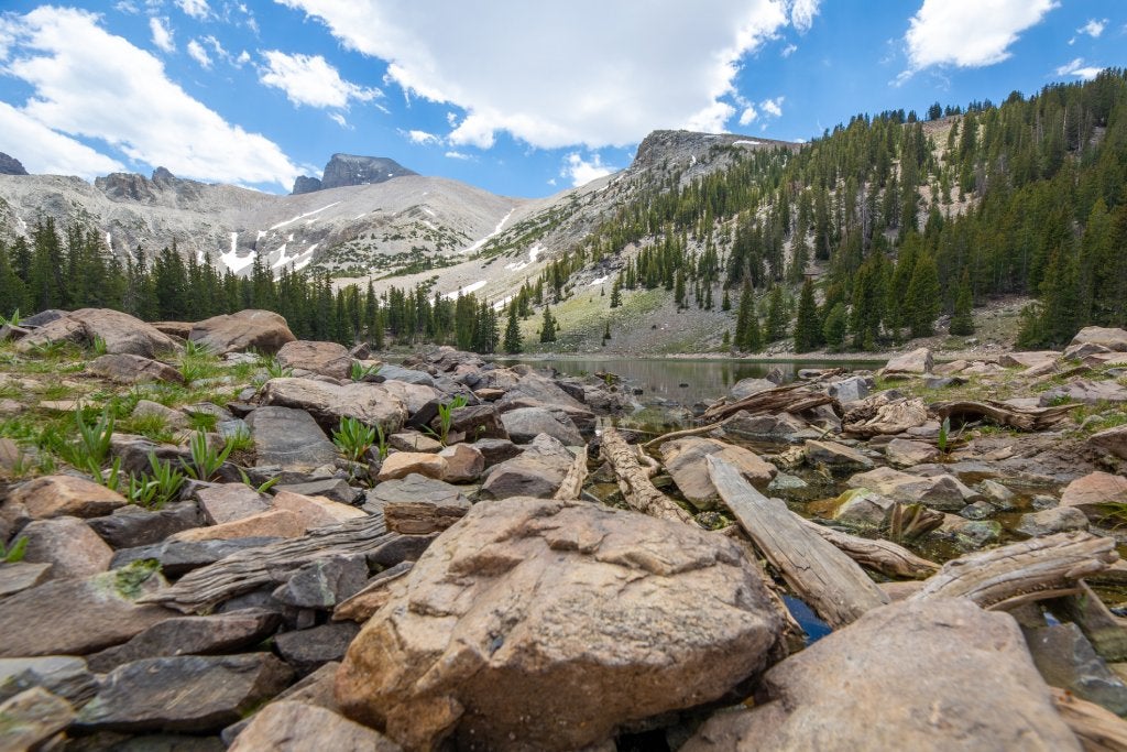 Low-level, wide-angle view from the edge of Stella Lake toward the iconic Wheeler Peak in Nevada's Great Basin National Park.