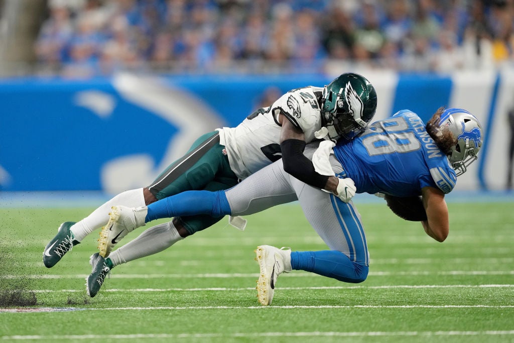 Safety C.J. Gardner-Johnson #23 of the Philadelphia Eagles tackles Tight End T.J. Hockenson #88 of the Detroit Lions in the second half of the game at Ford Field. Which Team Will Become the Next 'NFL Dynasty?'