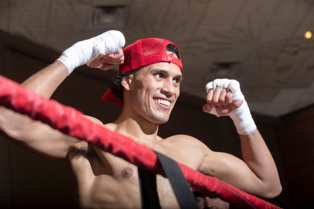 Super middleweight boxer David Benavídez poses during a media workout at MGM Grand Hotel & Casino. One major Las Vegas boxing fight is coming up fast. The Benavidez vs. Gvozdyk and Davis vs. Martin fights are June 15.