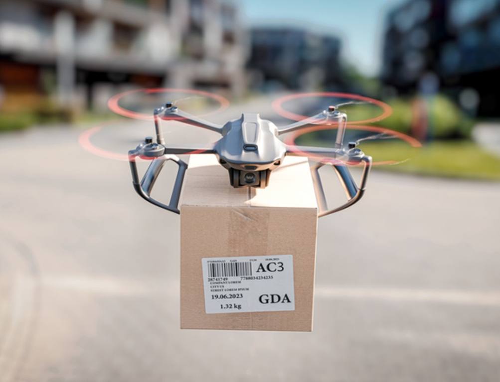 A delivery drone is flying between residential buildings - the concept of delivering packages using an unmanned drone -