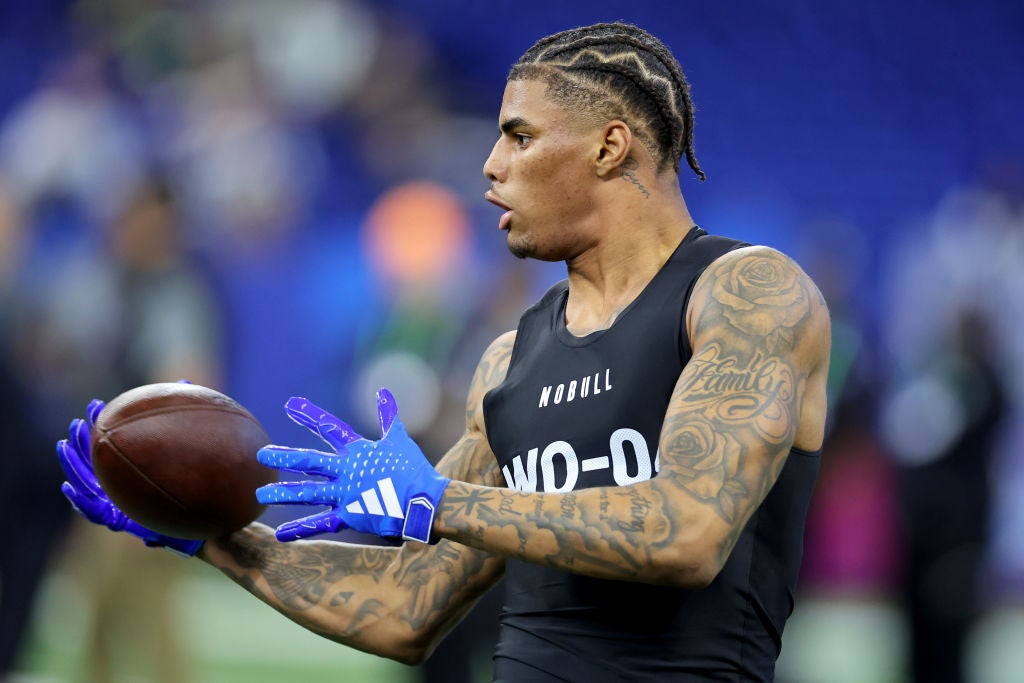 New Buffalo Bills receiver Keon Coleman #WO04 of Florida State participates in a drill during the NFL Combine at Lucas Oil Stadium