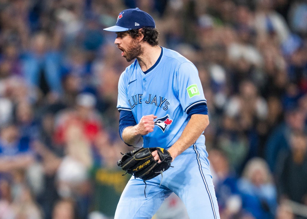 #68 of the Toronto Blue Jays celebrates his save against the Los Angeles Dodgers . MLB Uniform changes are coming.