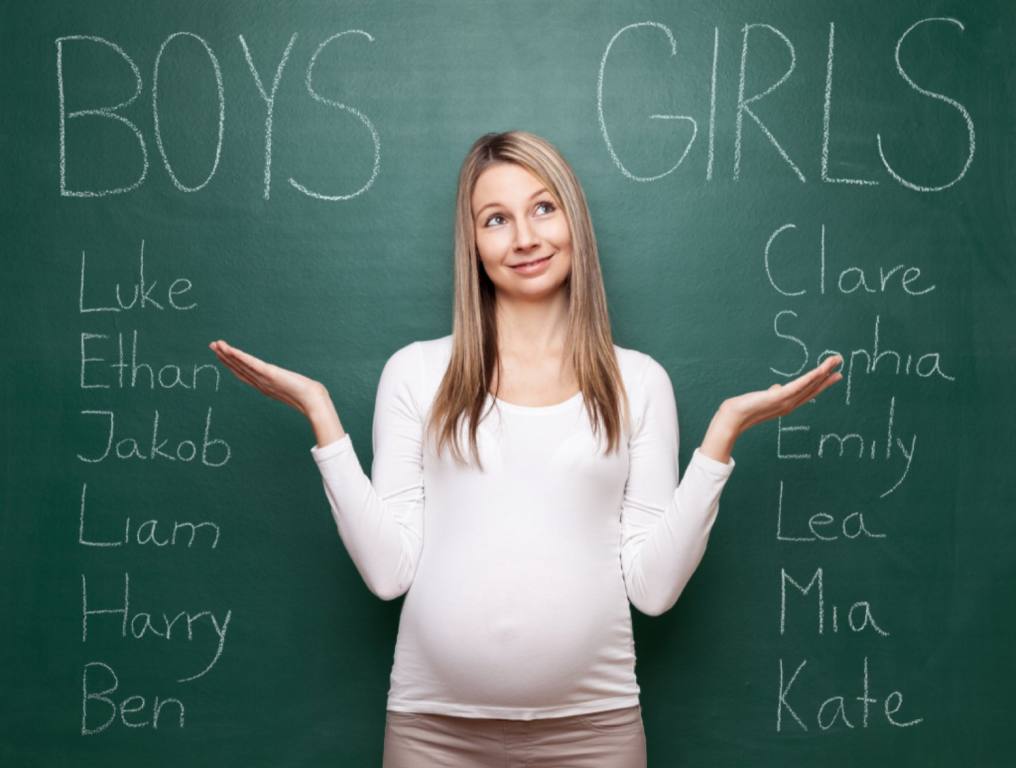 Concept of most popular baby names in Nevada. A pregnant blonde woman in a long sleeve white shirt is standing in front of a chalkboard with baby names written on it. She's holding her hands up with a look on her face that says "which should I pick"?