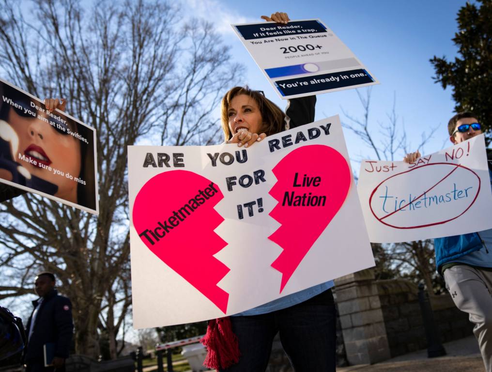 Penny Harrison and her son Parker Harrison rally against the live entertainment ticket industry outside the U.S. Capitol January 24, 2023 in Washington, DC.