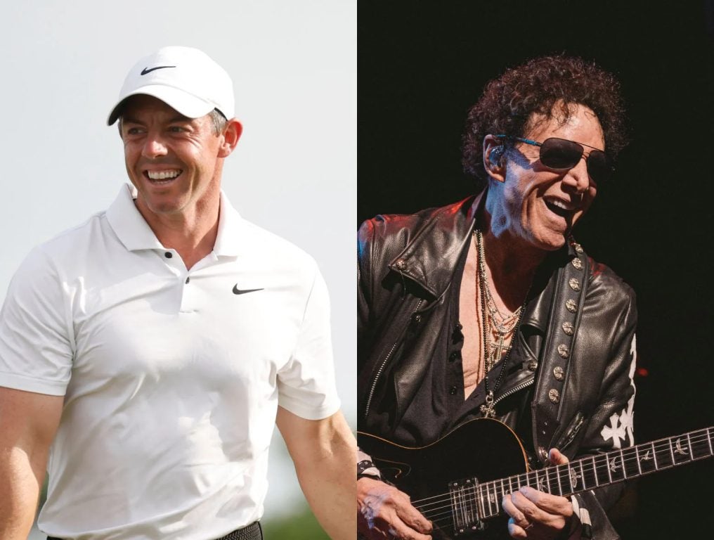 Rory McIlroy of Northern Ireland celebrates during the final round of the Zurich Classic of New Orleans at TPC Louisiana on April 28, 2024 in Avondale, Louisiana; Neal Schon of Journey performs during Journey's 50th Anniversary Tour at Moody Center on February 22, 2023 in Austin, Texas.