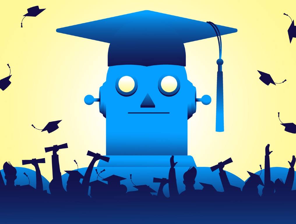 Image depicting students who cheat using AI to complete essays and other school assignments. Image shows a giant blue robot on a yellow background. Robot is wearing a blue graduation cap and tassel. There is a shadowed crowd of celebrating students at the bottom of the image at a graduation ceremony