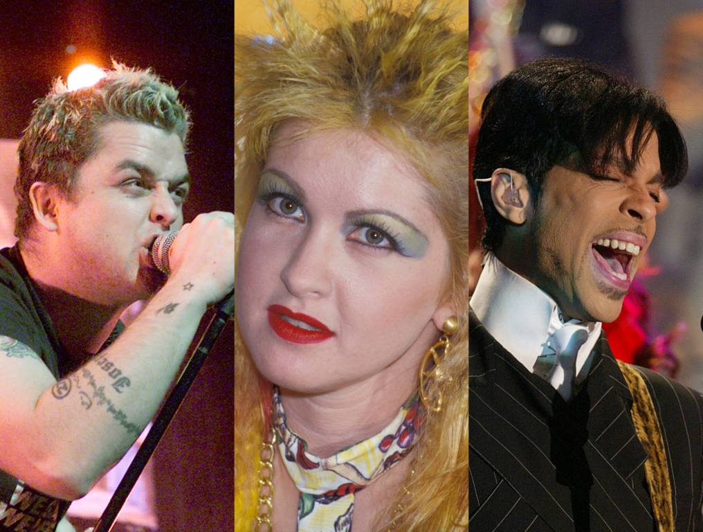 Billie Joe Armstrong performing on stage; Cyndi Lauper posing for a photo; Prince performing on stage.