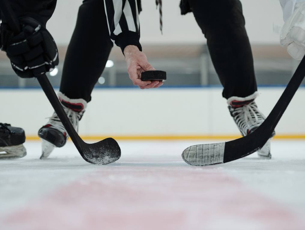 A referee holding the puck ready for a faceoff during a hockey game.