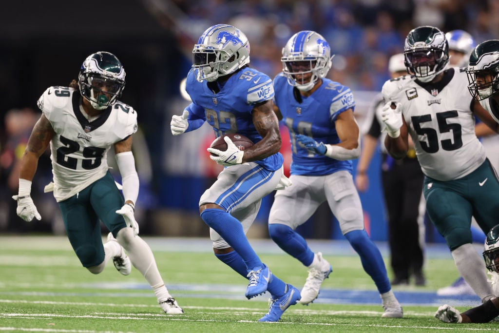 D'Andre Swift #32 of the Detroit Lions plays against the Philadelphia Eagles at Ford Field. It's certainly not too early to get into our expert 2024 NFL Power Rankings.