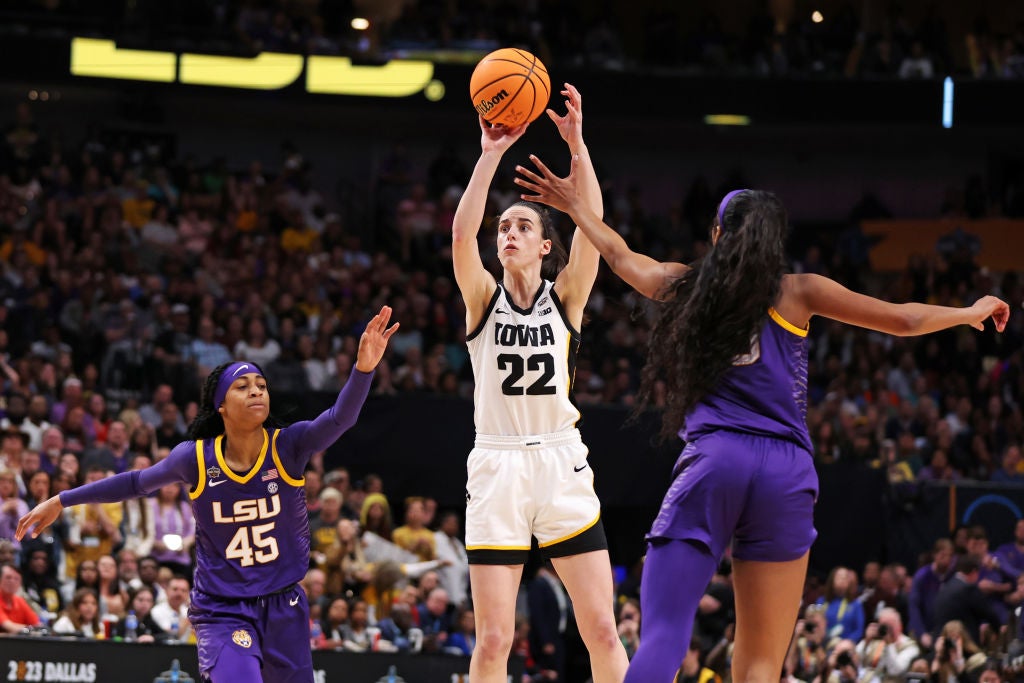 Caitlin Clark #22 of the Iowa Hawkeyes shoots the ball against Angel Reese #10 of the LSU Lady Tigers during the fourth quarter during the 2023 NCAA Women's Basketball Tournament championship game at American Airlines Center. There's been lots of talk about the Caitlin Clark and Angel Reese Rivalry in the WNBA, and Clark has had enough. Clark is speaking out about the heated Angel Reese rivalry.