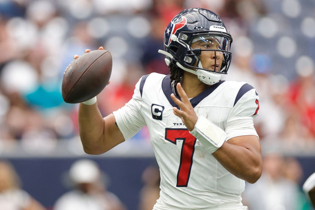 C.J. Stroud #7 of the Houston Texans in action against the Indianapolis Colts at NRG Stadium. NFL star quarterbacks are holding youth camps