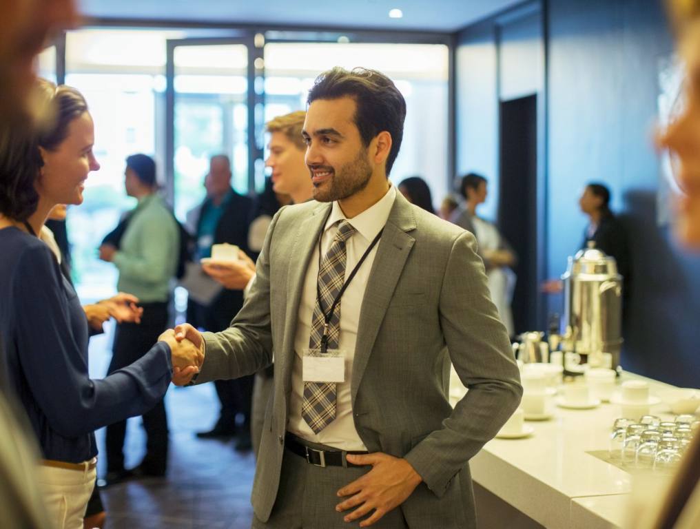 A man networking at an event.