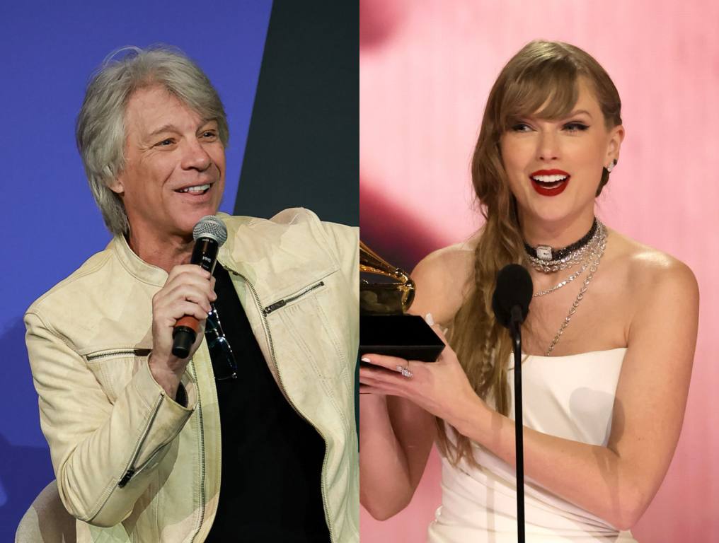 on Bon Jovi attends Tribeca X - Hampton Water at Convene on June 11, 2024 in New York City; Taylor Swift accepts the Album Of The Year award for “Midnights” onstage during the 66th GRAMMY Awards at Crypto.com Arena on February 04, 2024 in Los Angeles, California.