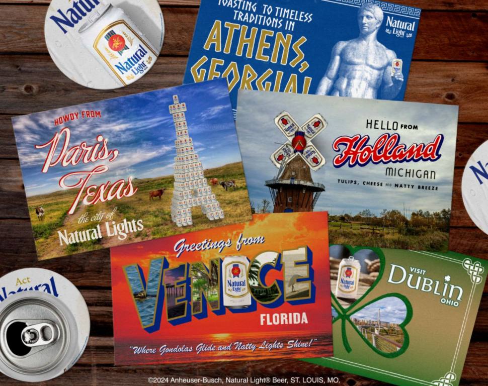 Natural Light postcard showcasing their Great American EuroTrip campaign with a beer can