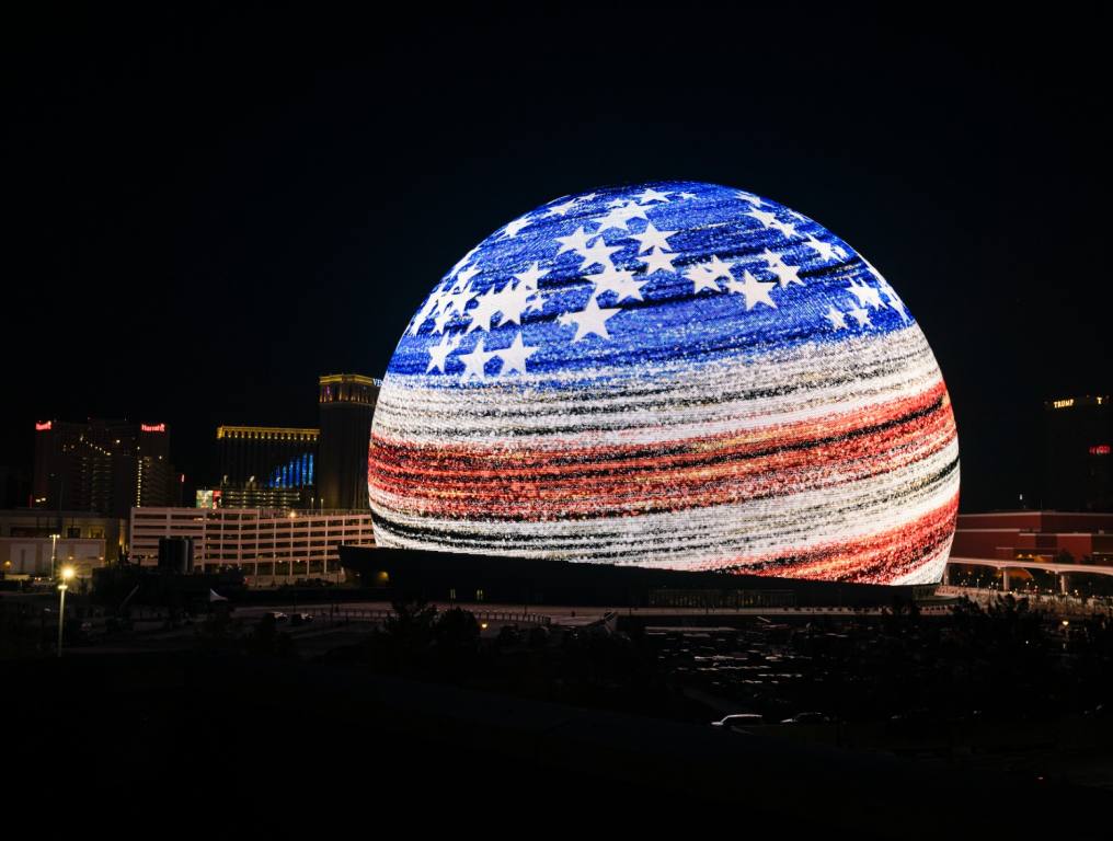 The Sphere showing off it's red, white & blue in Las Vegas.