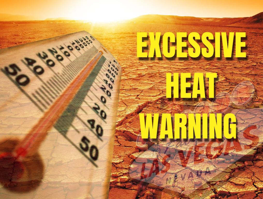 A graphic of a desert with a faded Vegas sign and a thermometer. The National Weather Service issued an Excessive Heat Warning in Las Vegas