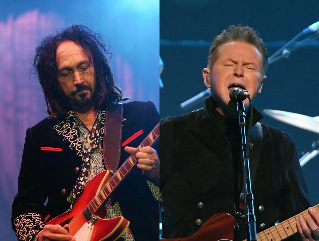 Mike Campbell of Tom Petty & The Heartbreakers performs onstage at the Firefly Music Festival at The Woodlands of Dover International Speedway on June 22, 2013 in Dover, Delaware; Don Henley of the Eagles performs at MGM Grand Garden Arena on September 27, 2019 in Las Vegas, Nevada.