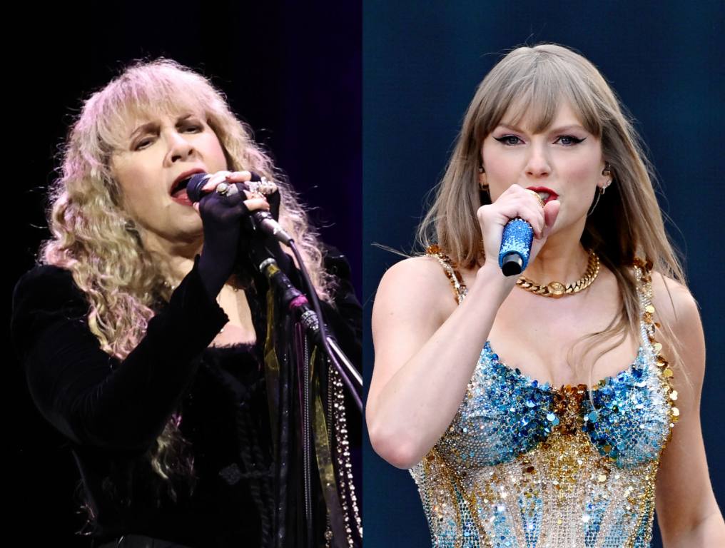 Stevie Nicks performs during at Madison Square Garden on October 01, 2023 in New York City; Taylor Swift performs on stage during the "Taylor Swift | The Eras Tour" at Wembley Stadium on June 21, 2024 in London, England.