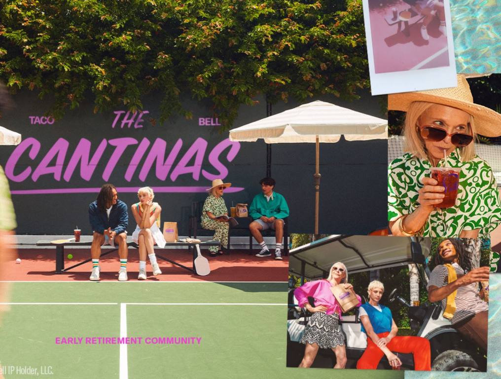 Taco Bell: The Cantinas Early Retirement Community, pickleball court, people drinking, outside